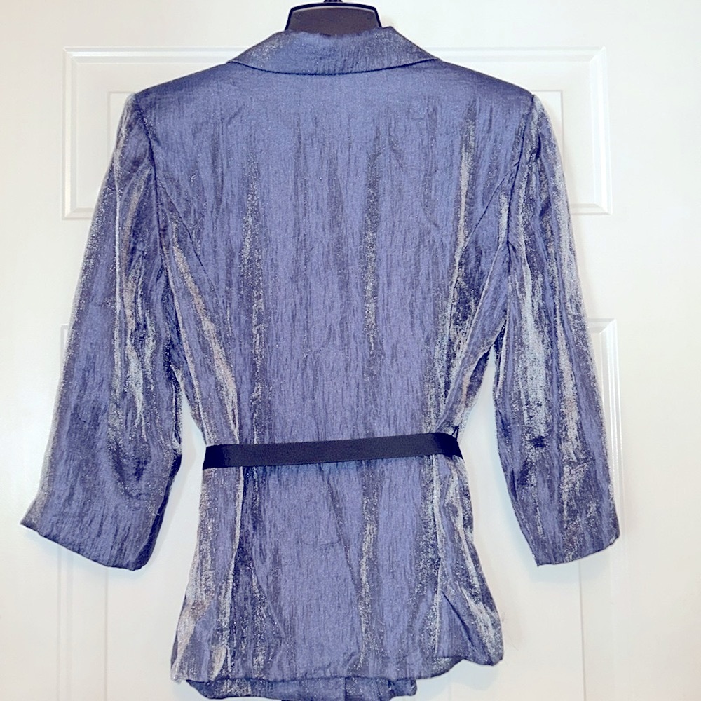 Alex Evenings Button Up Jacket Tie Belt L Blue Shimmer Formal  Evening Wedding - Picture 6 of 13